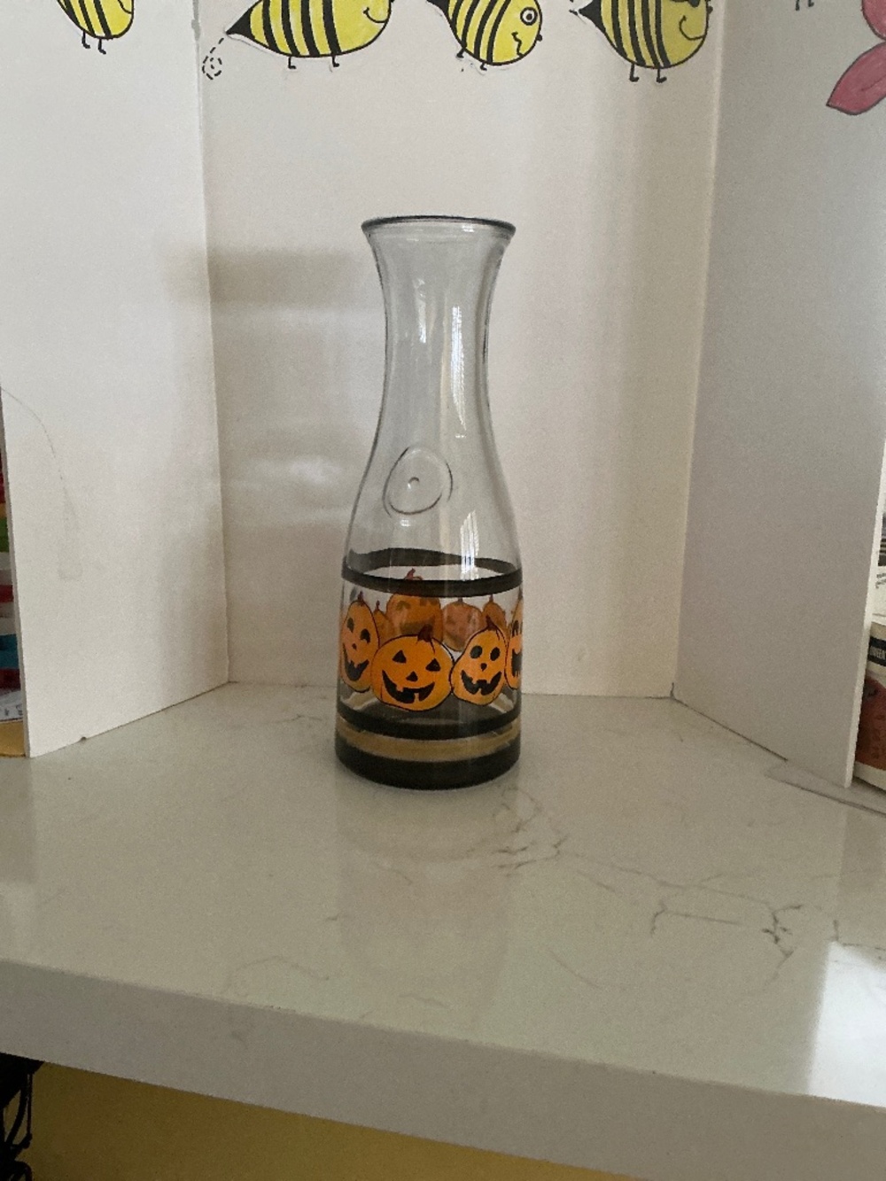 Halloween Pumpkin Glass Carafe Decanter 11” Black Orange Jack O Lantern